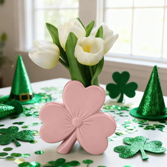 St Patricks Day Vase Decor, Green Shamrock Flower Vase Decorative Ceramic Accent for Home Table Shelf Irish Holiday Display