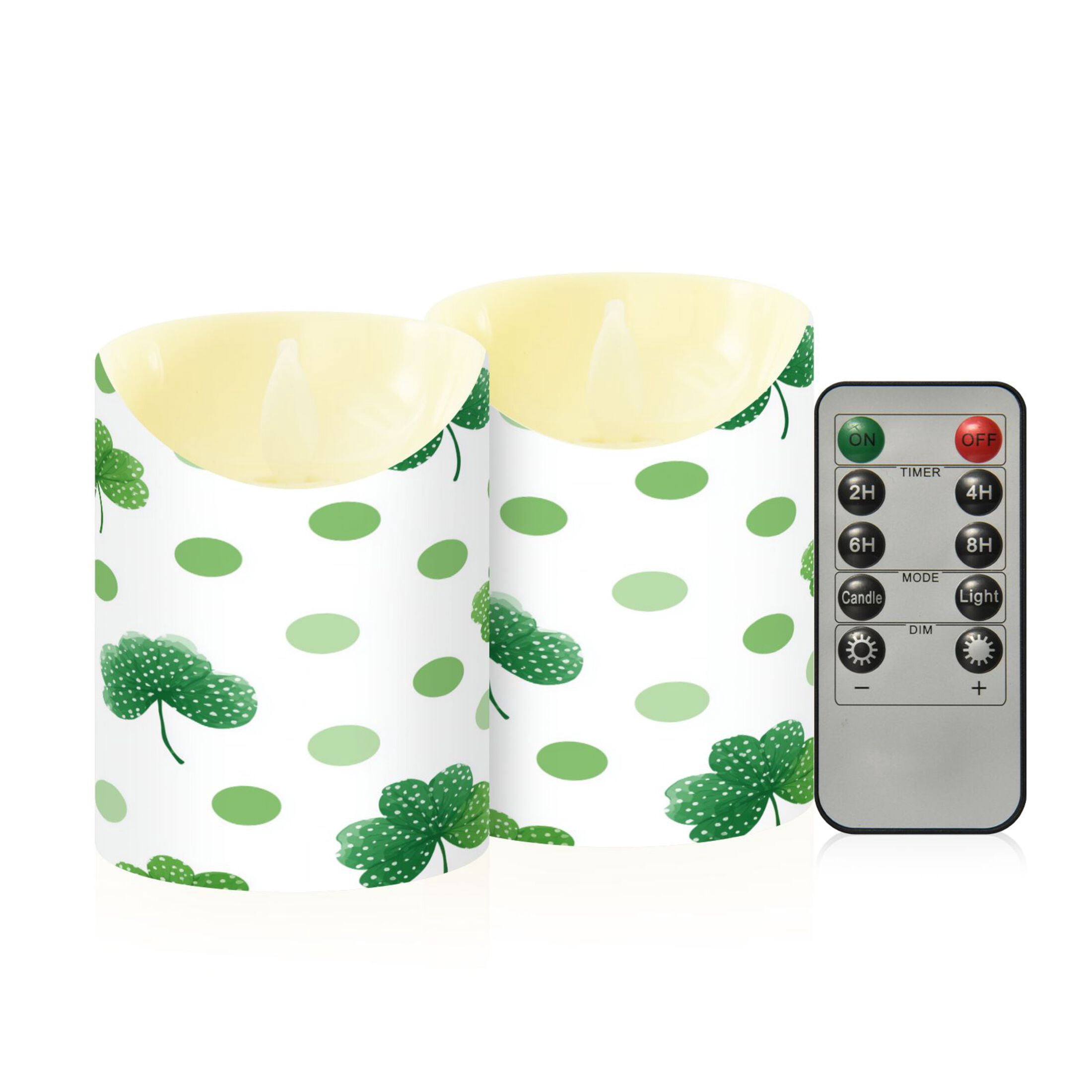 St Patricks Day Watercolor Dots Clovers Flickering Flameless Candles with Remote Timer Battery Operated LED Tealight Set of 2 M