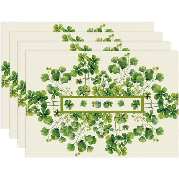 St. Patricks Day Watercolor Green Shamrocks Four-Leaf Clovers Placemats Set of 4 Table Mats Table Decorations 12x18 Inch