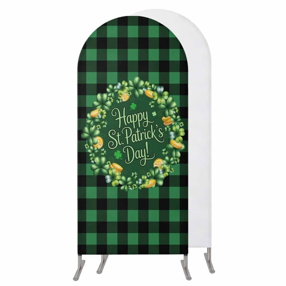 St Patricks Day Wedding Arch Cover,Stretchy Spandex Arch Backdrop Stand Covers 4 FT,Spring Gold Coin Green Shamrock Plaid Round Top Arched Backdrop Cover for Birthday Party Ceremony Baby Shower Event
