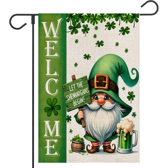 St Patricks Day Welcome Garden Flag 12x18 Inch Double Sided Gnome Lucky Shamrocks Clovers Outside Small Flag for Yard Outdoor Holiday Decoration
