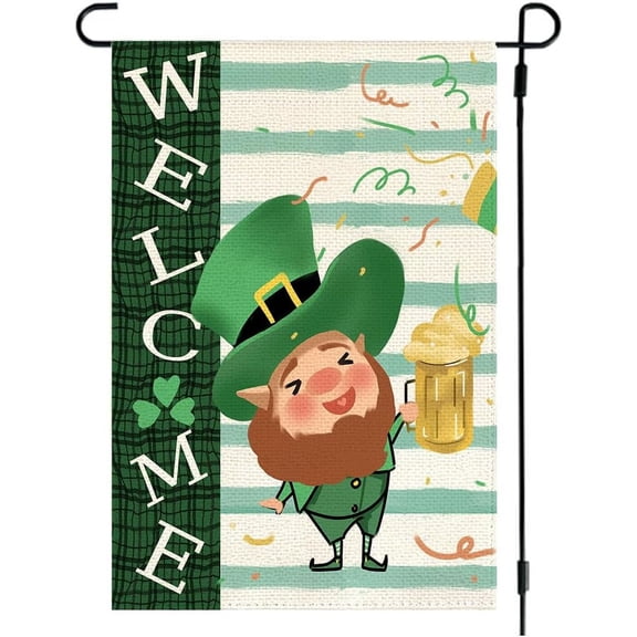 St Patricks Day Welcome Garden Flag 12x18 Inch Double Sided Outdoor Saint Patrick''s Decorations, Leprechauns Beer Cheers Shamrock Small Yard Flag for Spring Farmhouse Outside 16-18