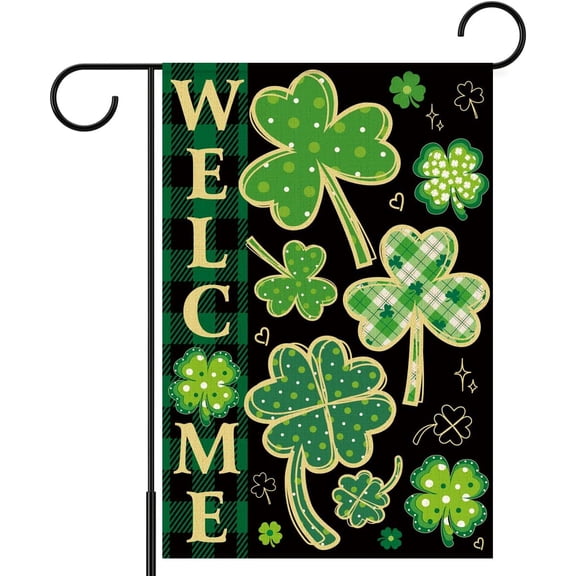 St Patricks Day Welcome Garden Flag 12x18 Inch Double Sided,Shamrocks Buffalo Plaid Outdoor Irish Decor House Porch Flag for St Patrick''s Day Party and Yard Decorations