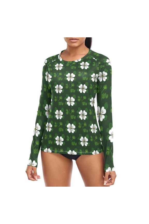 St Patricks Day White Clovers Women's Rash Guard Shirts UPF 50+ Sun Protection Clothing Long Sleeve Swim Suits XL