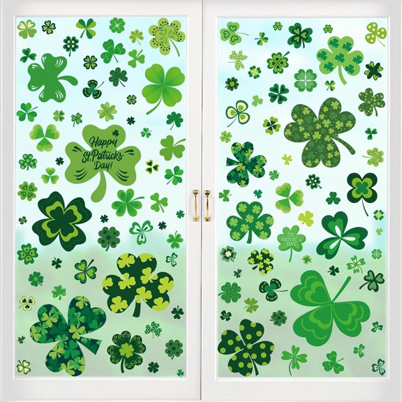 St Patricks Day Window Clings, 117PCS Shamrock Window Clings for Glass Windows St Paddys Decorations, Double-Sided Printed Shamrock Decorations for Patrick’s Day Party Supplies