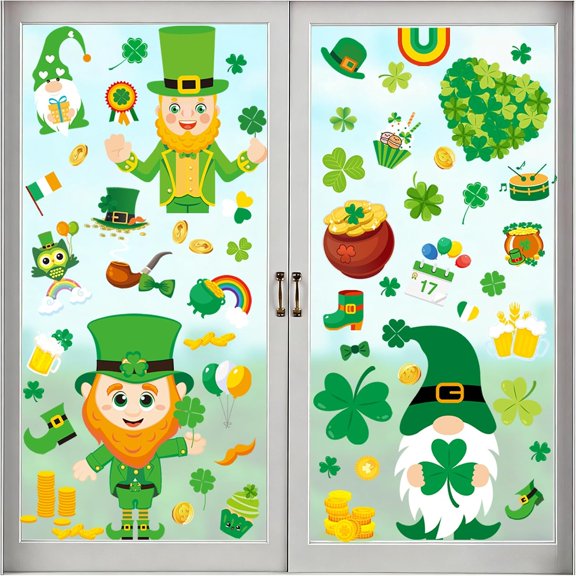St Patricks Day Window Clings, 82Pcs Saint Patricks Gnome Shamrock Cartoon Window Decals Sticker for Spring Irish Party Home Classroom Decorations