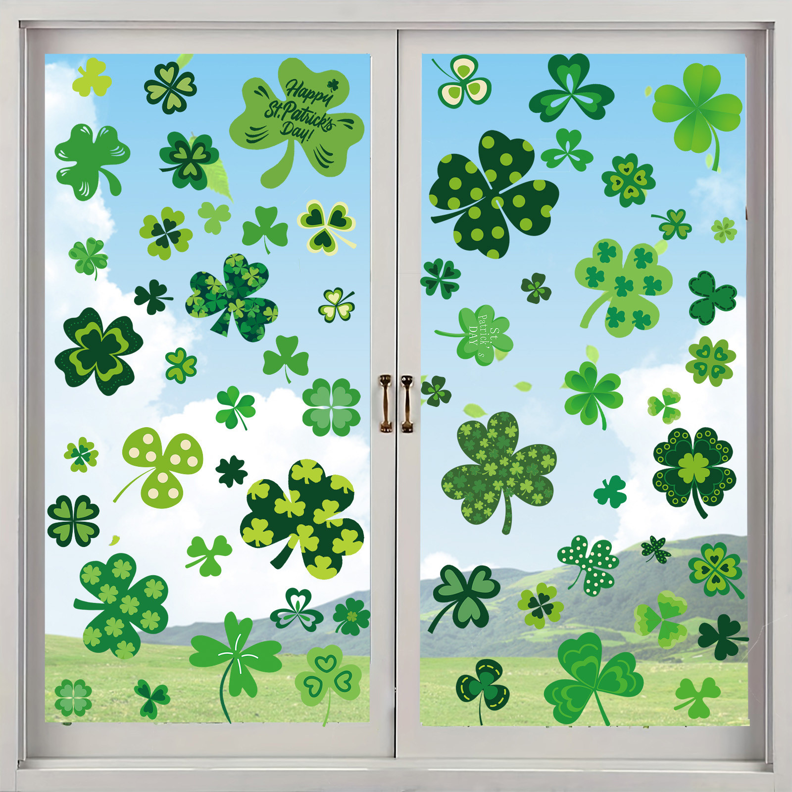 St Patricks Day Window Clings Decorations, Reusable Static Spring Shamrock Stickers for Glass Windows Door Wall Irish Saint Patricks Day Holiday St Pattys Decor (Green)
