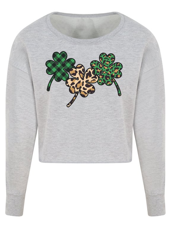 St Patricks Day Women Three Clover Crop Top Women's cropped crew fleece Medium Gray