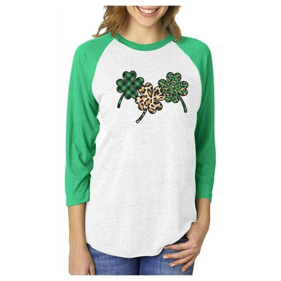 St Patricks Day Women Three Clover Raglan 3/4 Women Sleeve Baseball Jersey Shirt Medium Green/Heather