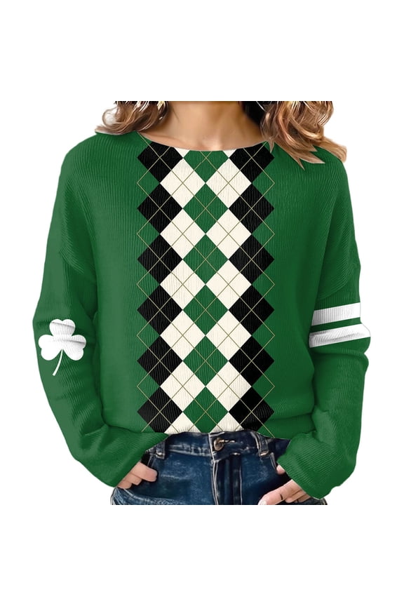 St Patricks Day Womens Crewneck Sweatshirt Clover Shamrock Print Shirt Long Sleeve Plaid Graphic Pullover Tops Irish Ireland Green L