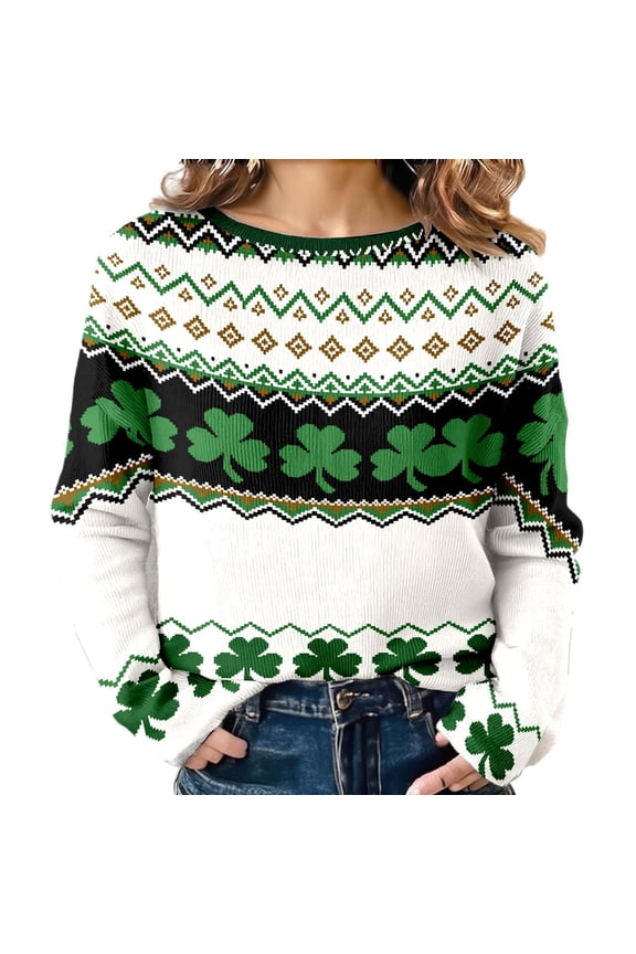 St Patricks Day Womens Crewneck Sweatshirt Knit Sweater Shamrock Clover Long Sleeve Shirt Spring Pullover Tops Ireland Irish Beige L