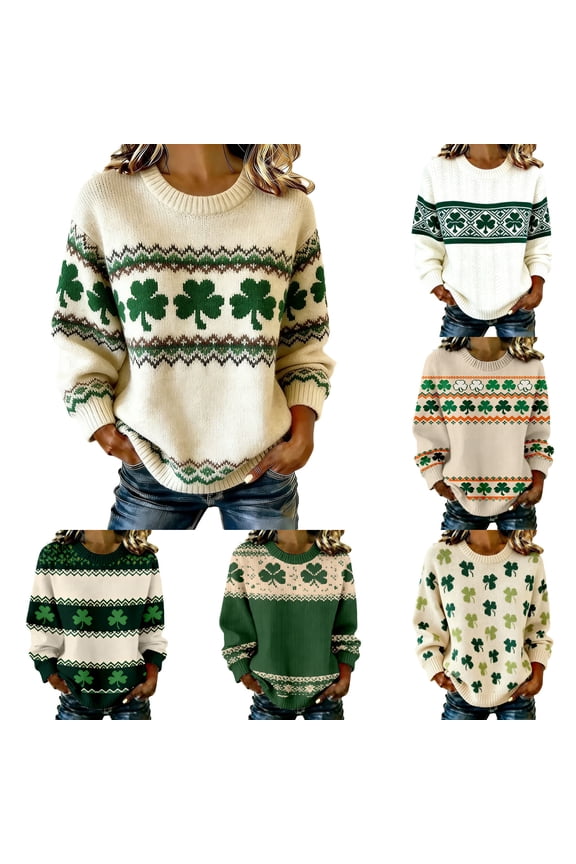 St Patricks Day Womens Crewneck Sweatshirt Shamrock Clover Knit Sweater Irish Ireland Spring Pullover Shirt Long Sleeve Tops Beige L
