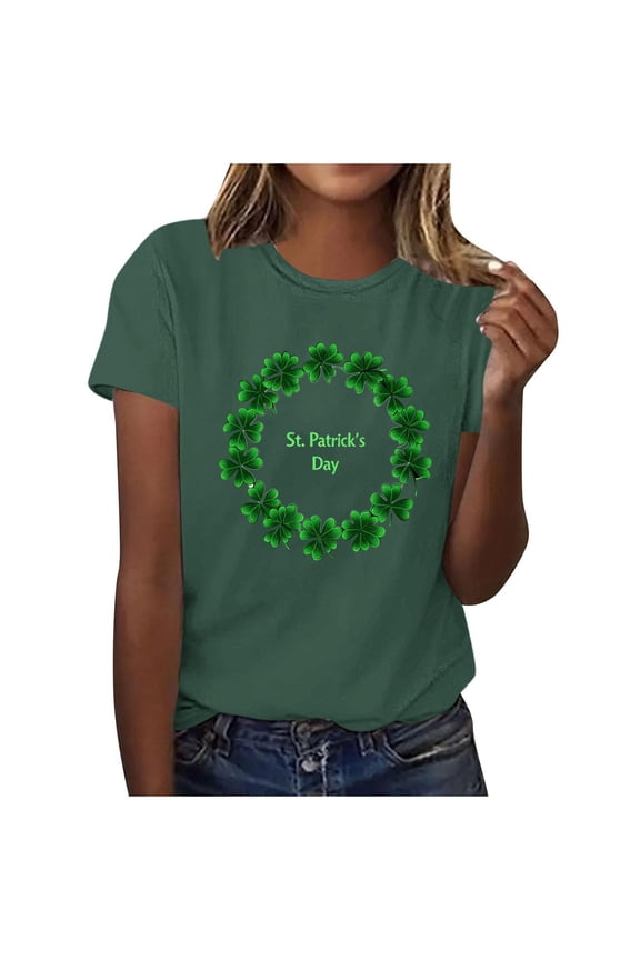 St Patricks Day Wreath T Shirt Women Clover Circle Graphic Tees Short Sleeve Black Tops Festive Holiday Blouse