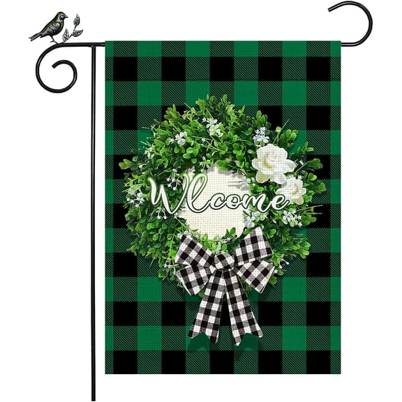 St Patricks Day Yard Flag,Burlap Spring Buffalo Plaid Boxwood Wreath Welcome Garden Flag 12 x 18 Inch Garden Flag,Spring Farmhouse Irish Outdoor Decoration