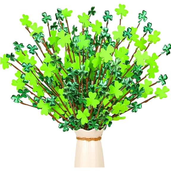 St Patricks Day tions, 16 Inch Glitter Felt Shamrock Stems for Table Centerpieces, 6 pcs Artificial Clover Picks Vase Fillers, Irish St Patricks Day Decor for Mantle Bouquet Plants Pot