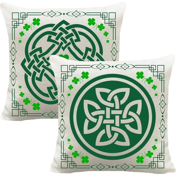 St. Patricks Decorations Pillow Case Covers 18x18 Set of 2, Burlap Irish Celtic Knot Shamrock Four Leaf Lucky Charm Decorative Throw Pillows for Outdoor Patio Porch(No Pillows Included)