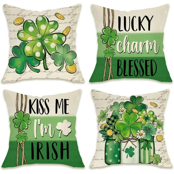 St. Patricks Decorative Throw Pillow Covers 16 x 16 Set of 4, Lucky Charm Blessed Shamrock Clover Spring Outdoor Pillowcase, Coins Mason Jar Me I''m Irish Cushion Case Home Decor