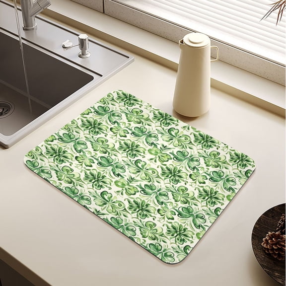 St Patricks Green Cloverleaf Pattern Drying Mat Diatomaceous Earth Super Absorbent Non-slip Rubber Sole Heat Resistant 230 Degrees Fahrenheit 15.7×11.8in
