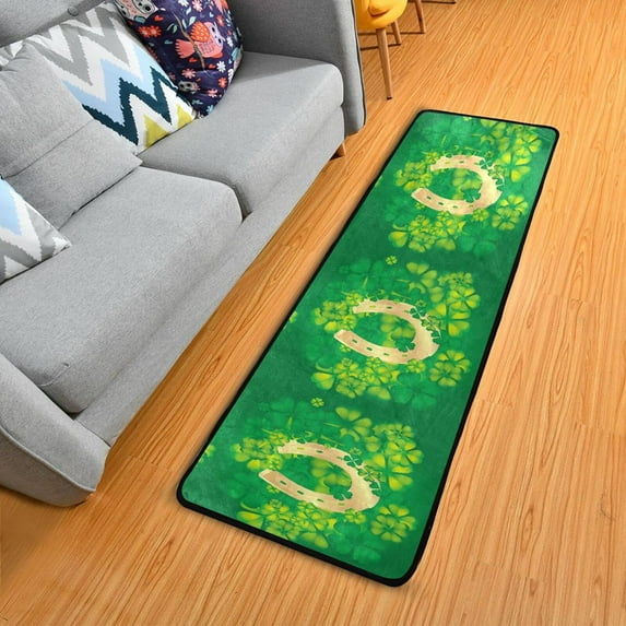 St Patricks Horseshoe Clovers Hallway Runner Rug 2'x6' Kitchen Rug with Rubber Backing Green Four Leaf Clover Non Slip Entryway Rug Runner Washable Soft Area Rug for Hallway Bedroom Kitchen Decor