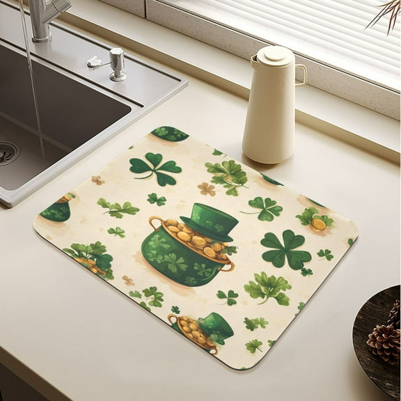 St Patricks Pattern with Pots Of Gold Drying Mat Diatomaceous Earth Super Absorbent Non-slip Rubber Sole Heat Resistant 230 Degrees Fahrenheit 15.711.8in