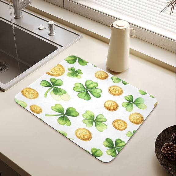 St Patricks Shamrock and Gold Coin Patterns Drying Mat Diatomaceous Earth Super Absorbent Non-slip Rubber Sole Heat Resistant 230 Degrees Fahrenheit 19.715.7in