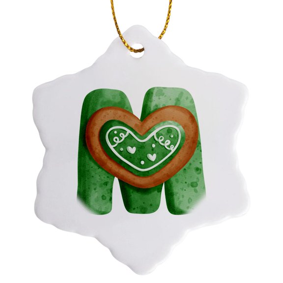 3drose, St Patricks Sweets Monogram Initial M, 3 inch Snowflake Porcelain Ornament
