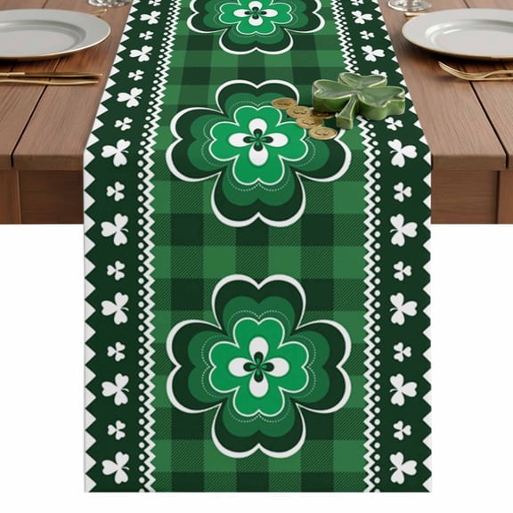 St Patricks Table Runner 13 x 36 Inch, Day Vintage Shamrock Texture Green Plaid Washable Cotton Linen Dining Table Runner Tabletop Decorations for Restaurant Home Kitchen Party