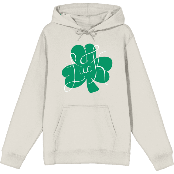 St Pats Luck Clover Long Sleeve Adult Hooded Sweatshirt -Large-Cream