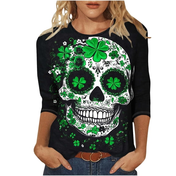St Patty's Day Shirt Women 2026 Casual Plus Size 3/4 Sleeve Irish Clover Shirts Funny Saint Patrick's Tunic Tops