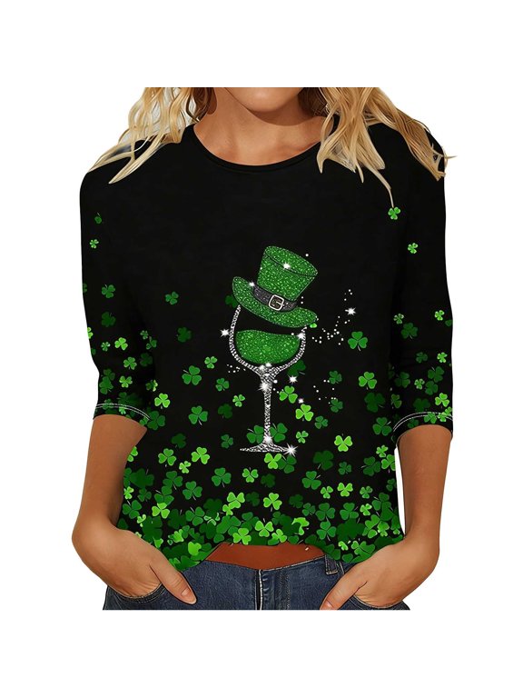 St Patty's Day Shirt Women Casual Plus Size 3/4 Sleeve Irish Clover Shirts 2026 Funny Saint Patrick's Tunic Tops