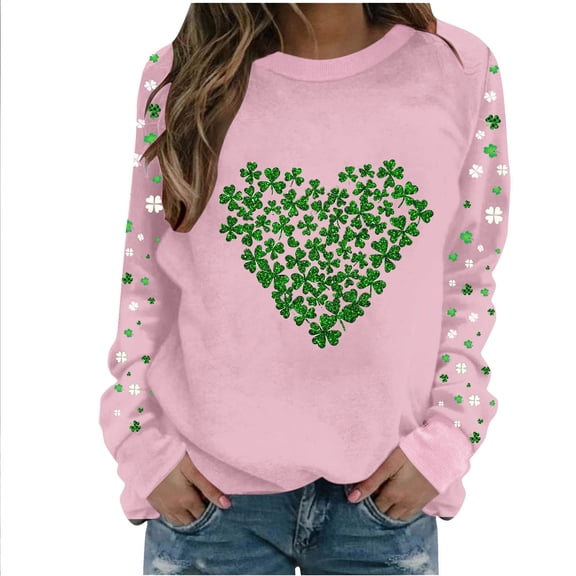 St Pattys Shirts Women Casual Crew Neck Pullover Shamrock Heart Print Sweatshirt Long Raglan Sleeve Tops St Patrick Shirts for Women