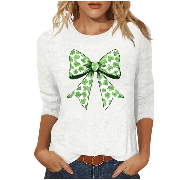 St Pattys Shirts Women Crew Neck 3/4 Sleeve Womens Tops Clover Bow Print Shirt Fashion Trendy Blouses Casual Loose Fit Tees Tops