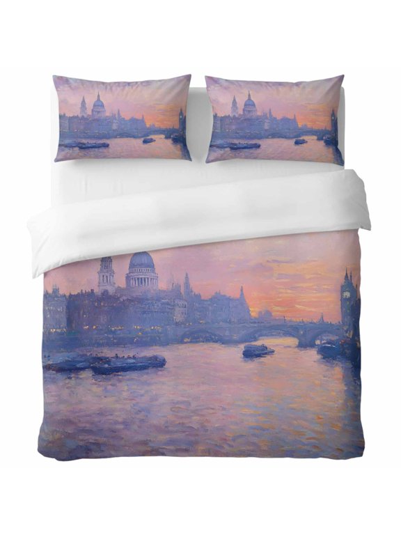 St Paul's Cathedral King Duvet Cover Set, Vintage Sunset River Pink Gold Oil Painting Texture Decorative 3 Piece Bedding Set with Zipper Closure Soft Breathable Comforter Cover & 2 Pillowcases