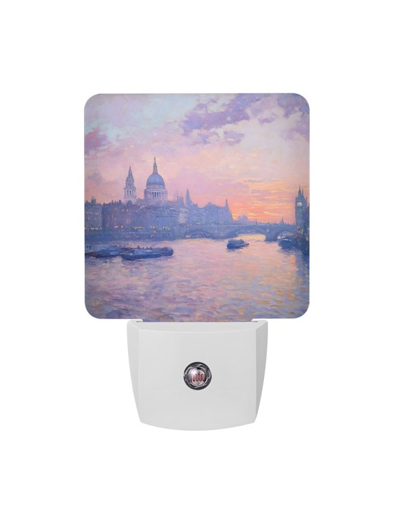 St Paul's Cathedral Night Lights, Vintage Sunset River Pink Gold Oil Painting Texture Smart Auto Dusk to Dawn Sensor Nightlights Plug-in Nightlight for Bedroom Bathroom Living Room Kitchen Hallway