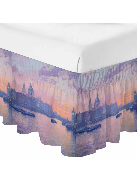 St Paul's Cathedral Ruffle Bed Skirt California King Size Vintage Sunset River Pink Gold Oil Painting Texture Adjustable Elastic Dust Bed Skirts Wrap Around Bedskirt Easy Fit with 16 Inch Drop