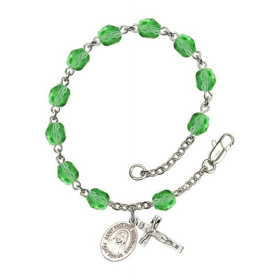 St. Pauline Visintainer Silver Plate Rosary Bracelet 6mm August Green Fire Polished Beads Crucifix Size 5/8 x 1/4 medal charm