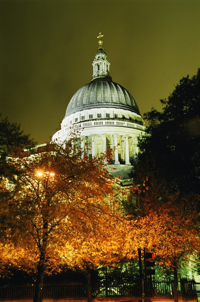 St Pauls Cathedral At Night With Trees Canvas Art - Anthony Webb Design Pics (12 x 19)