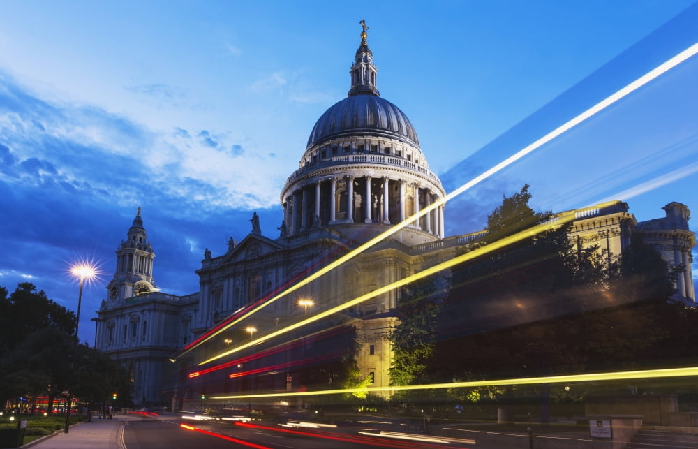 St Pauls Cathedral and light trails from a bus passing on the street in front London England Canvas Art - Mark Thomas Design Pics (38 x 24)