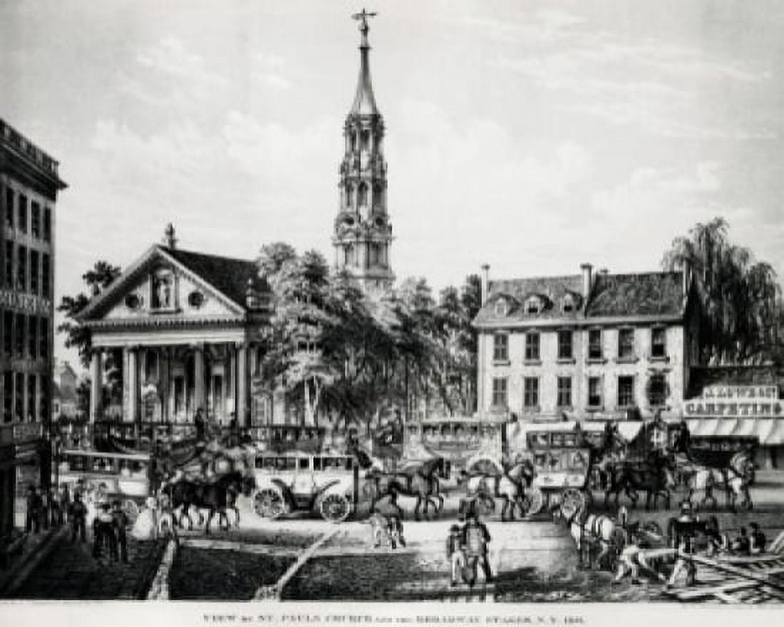 St Pauls Church and Broadway Stages 1831 American History Canvas Art - (24 x 36)