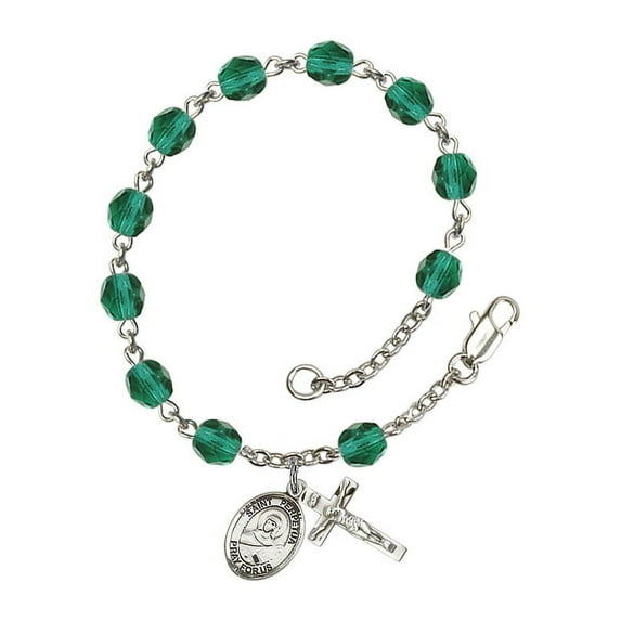 St. Perpetua Silver Plate Rosary Bracelet 6mm December Blue Fire Polished Beads Crucifix Size 5/8 x 1/4 medal charm