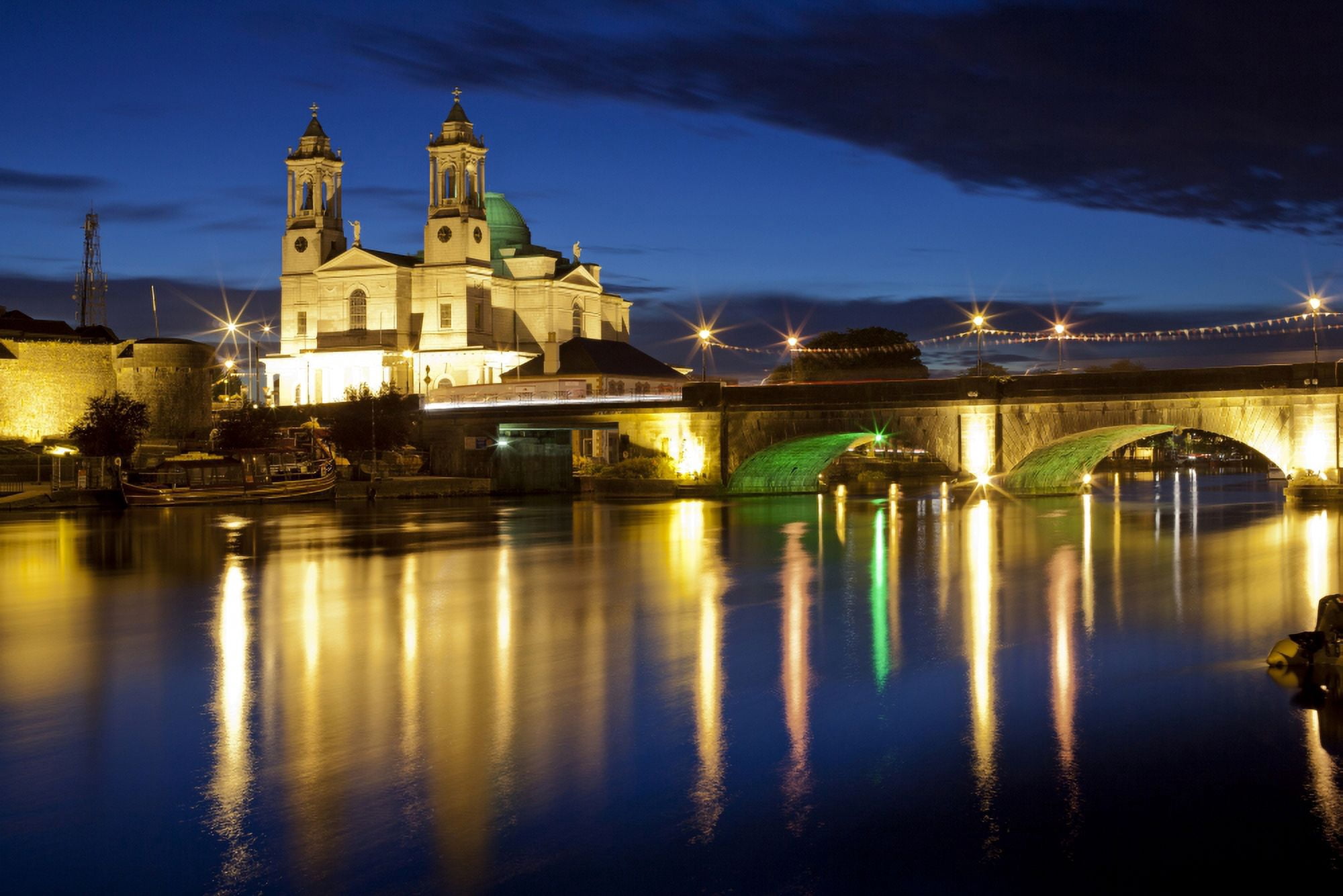 St Peter And Paul Church with bridge lit up at dusk River Shannon Athlone Republic of Ireland Canvas Art - Panoramic Images (27 x 9)