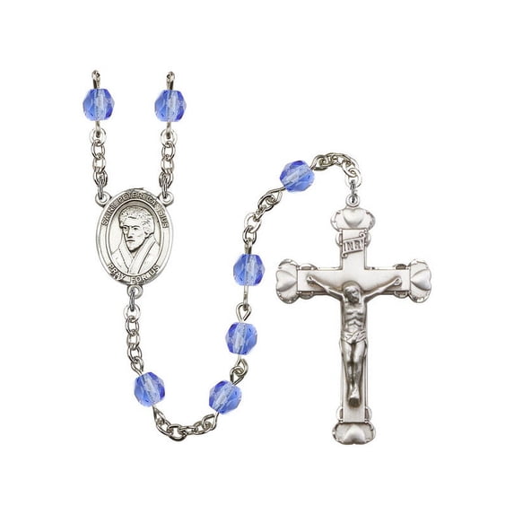 St. Peter Canisius Silver-Plated Rosary 6mm September Blue Fire Polished Beads Crucifix Size 1 5/8 x 1 medal charm