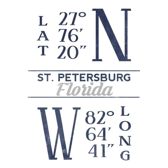 St. Petersburg, Florida, Latitude and Longitude (Blue) (12x18 Wall Art Poster, Room Decor)