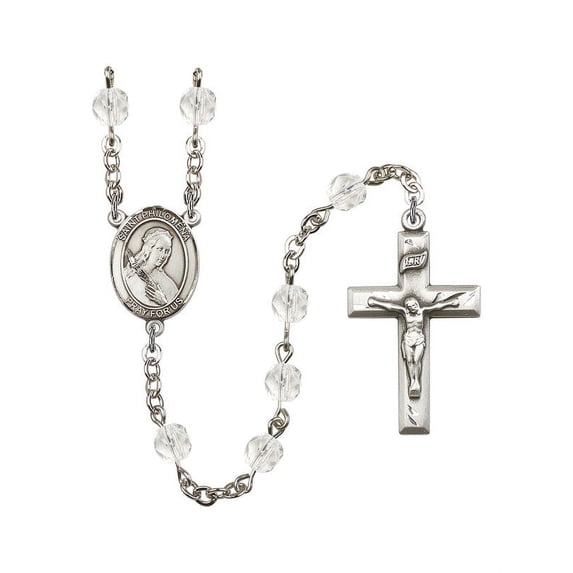 St. Philomena Silver-Plated Rosary 6mm April Crystal Fire Polished Beads Crucifix Size 1 3/8 x 3/4 medal charm