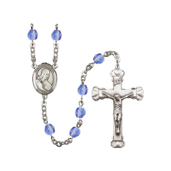 St. Philomena Silver-Plated Rosary 6mm September Blue Fire Polished Beads Crucifix Size 1 5/8 x 1 medal charm