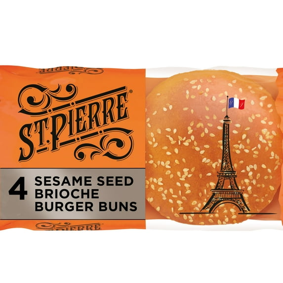St Pierre Sesame Seed Brioche Burger Buns, 4 count, Hamburger Buns, 8.8 oz Bag
