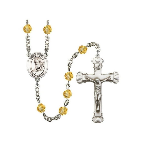St. Pius X Silver-Plated Rosary 6mm November Yellow Fire Polished Beads Crucifix Size 1 5/8 x 1 medal charm