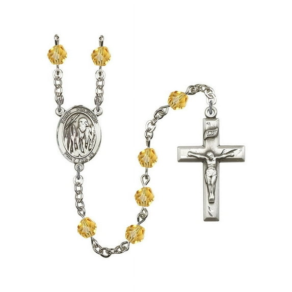 St. Polycarp of Smyrna Silver-Plated Rosary 6mm November Yellow Fire Polished Beads Crucifix Size 1 3/8 x 3/4 medal charm