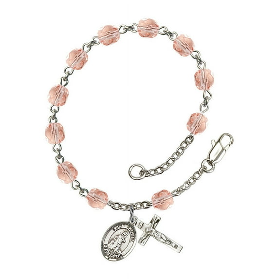 St. Rachel Silver Plate Rosary Bracelet 6mm October Pink Fire Polished Beads Crucifix Size 5/8 x 1/4 medal charm