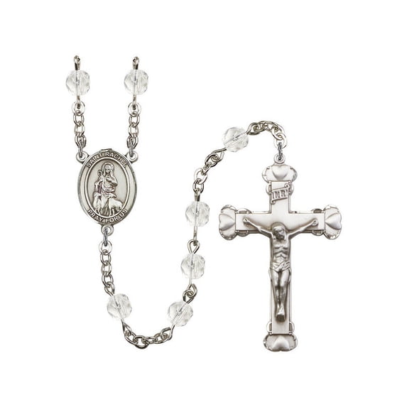 St. Rachel Silver-Plated Rosary 6mm April Crystal Fire Polished Beads Crucifix Size 1 5/8 x 1 medal charm